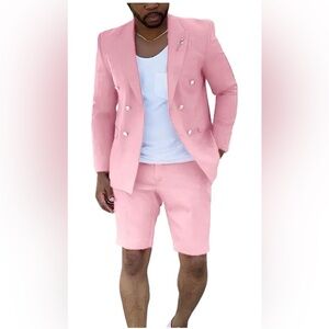 Men’s 2 Piece Slim Fit Double Breasted Shorts Suit - Small Pink